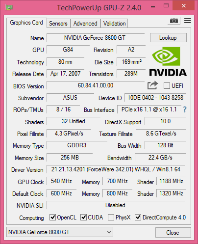 ASUS 8600 GT EN8600GT/HTDP/256M Характеристики GPU-z