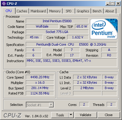 Pentium E5800 AsRock 775Dual-VSTA OC 4500 Mhz CPU-z