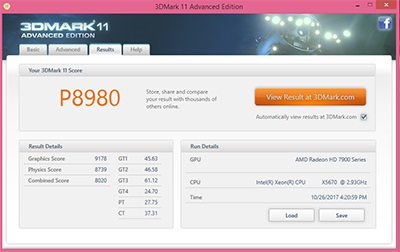 Тест 3DMark 11 на HD 7950 с Crimson 16.9.2